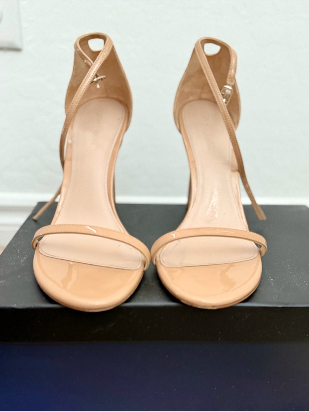 Stuart Weitzman Nude Patent Ankle-Strap Stiletto Sandals